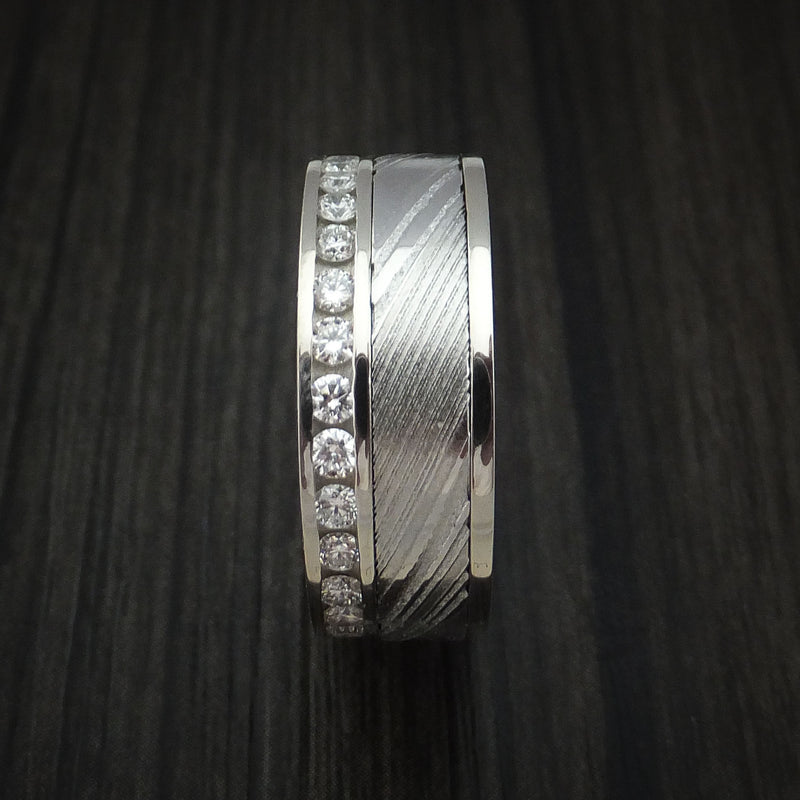 14K White Gold and Diamond Eternity Ring with Kuro Damascus Steel and Titanium Sleeve Custom Made Band