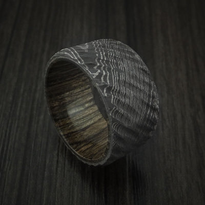 Damascus Steel Tree Bark Carved Ring with Walnut Hardwood Custom Made Band