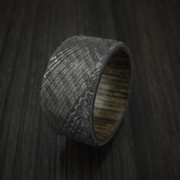 Damascus Steel Tree Bark Carved Ring with Walnut Hardwood Custom Made Band