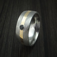 Damascus Steel Ring with 14k Yellow Gold and Black Diamond Custom Made Band