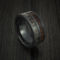 Black Zirconium Ring with Red Heart Hardwood and Antler Inlays Custom Made Band