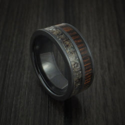 Black Titanium Ring with Red Heart Hardwood and Antler Inlays Custom Made Band