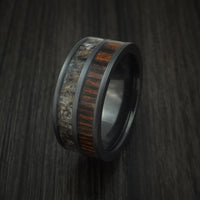 Black Titanium Ring with Red Heart Hardwood and Antler Inlays Custom Made Band