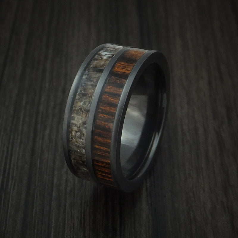 Black Zirconium Ring with Red Heart Hardwood and Antler Inlays Custom Made Band