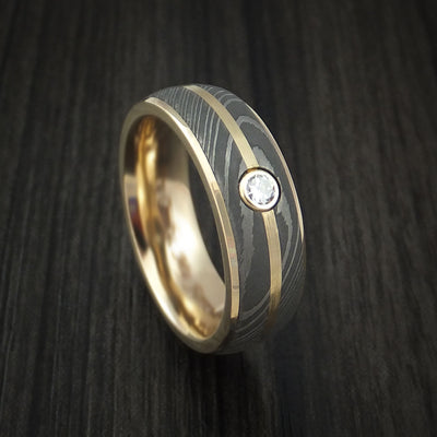 14K Yellow Gold Ring with Damascus Steel and Diamond Custom Made Band