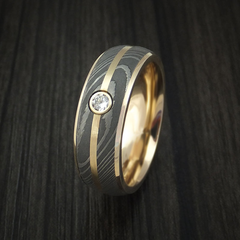 14K Yellow Gold Ring with Damascus Steel and Diamond Custom Made Band