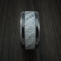 Black Titanium Men's Ring with Silver Carbon Fiber Inlay Style Weave Pattern