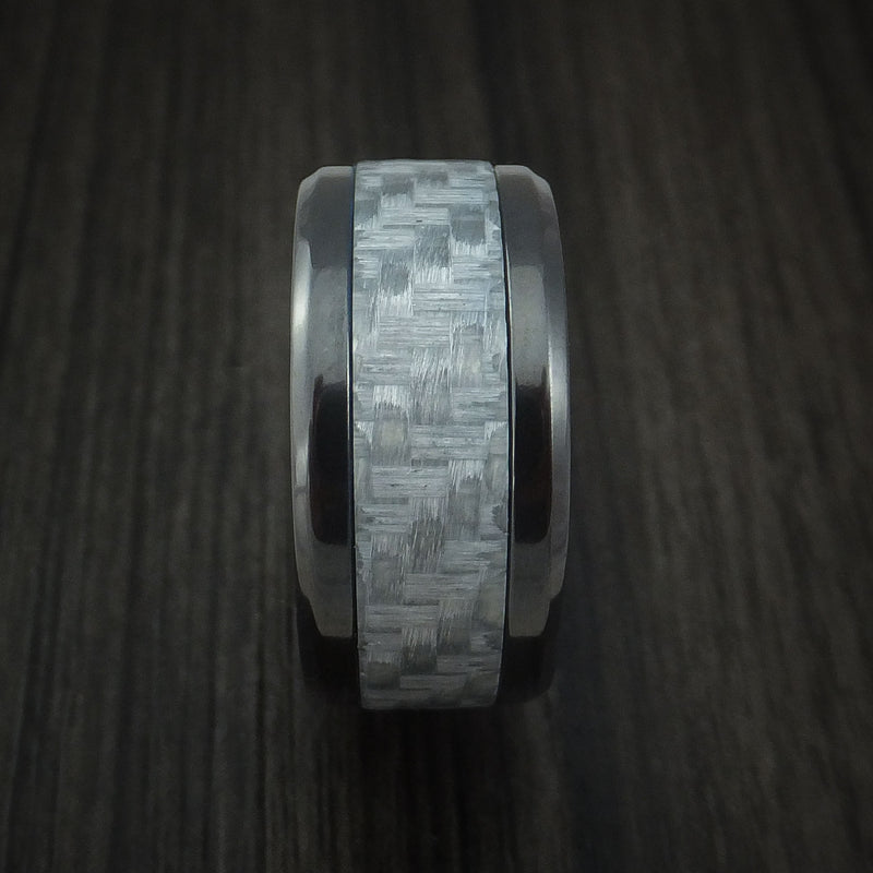 Black Zirconium Ring with Silver Carbon Fiber Inlay Style Weave Pattern