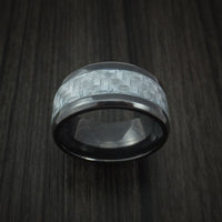 Black Titanium Men's Ring with Silver Carbon Fiber Inlay Style Weave Pattern