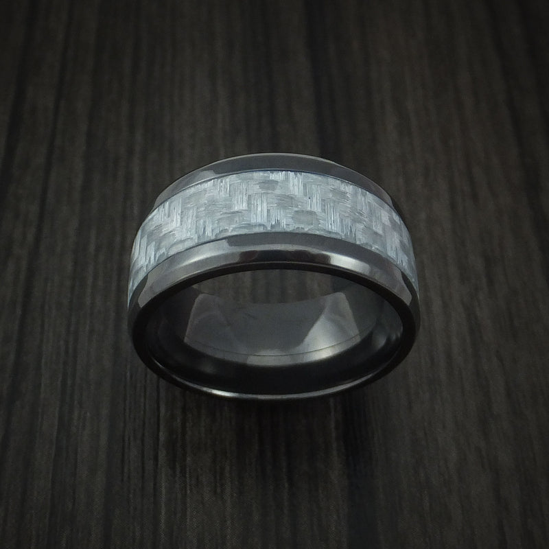 Black Zirconium Ring with Silver Carbon Fiber Inlay Style Weave Pattern