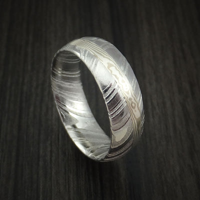 Kuro Damascus Steel Ring with Palladium Mokume Gane Angled Inlay Custom Made Band
