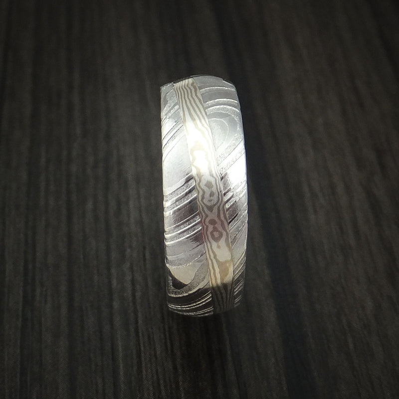 Kuro Damascus Steel Ring with Palladium Mokume Gane Angled Inlay Custom Made Band