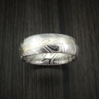 Kuro Damascus Steel Ring with Palladium Mokume Gane Angled Inlay Custom Made Band