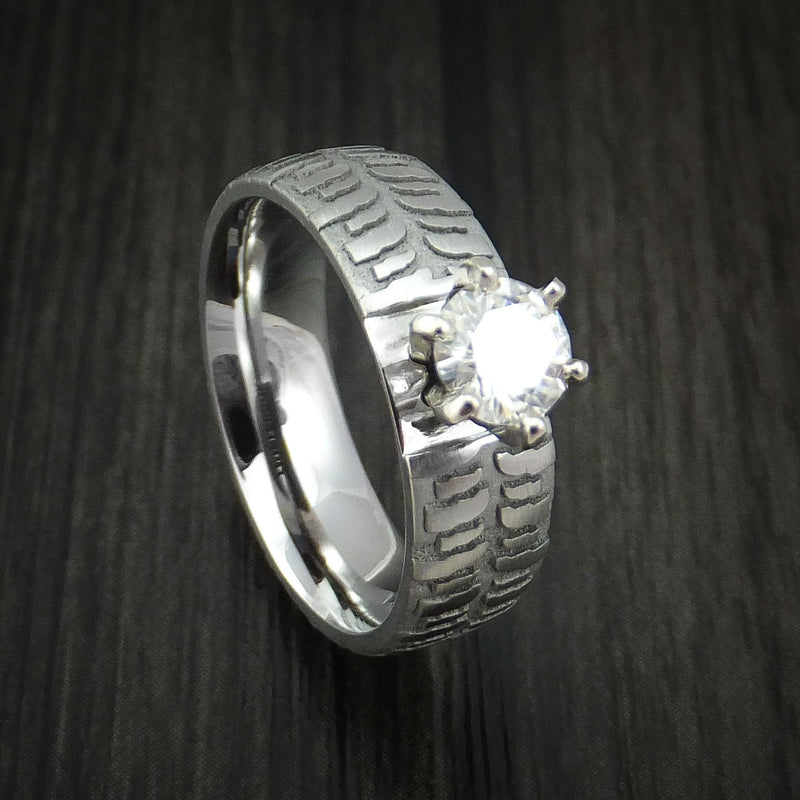 Cobalt Chrome Carved Tread Design Ring with Moissanite Custom Made Band