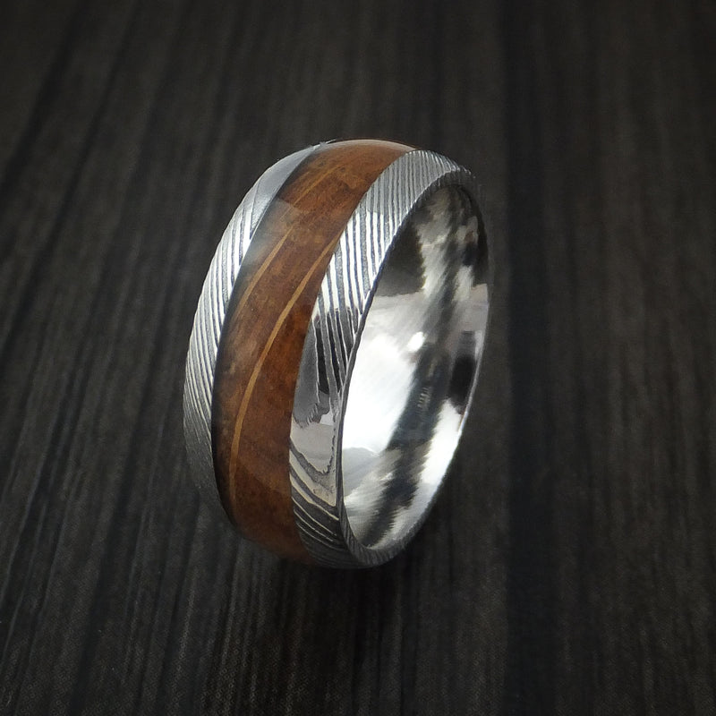 Damascus Steel Ring with Hardwood Inlay Custom Made