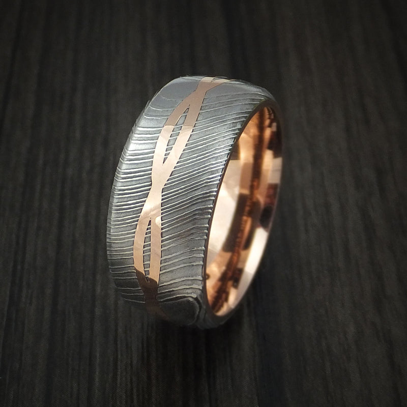 Damascus Steel 14K Rose Gold Celtic Knot Ring Infinity Design with Sleeve Wedding Band
