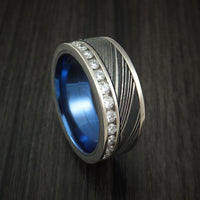 14K White Gold and Diamond Eternity Ring with Kuro Damascus Steel and Anodized Titanium Sleeve Custom Made Band