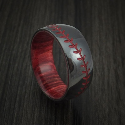 Black Zirconium Baseball Stitch Ring with Custom Color and Hardwood Sleeve