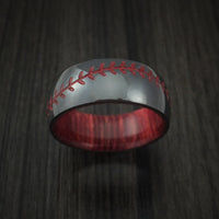 Black Titanium Baseball Stitch Men's Ring with Custom Color and Hardwood Sleeve