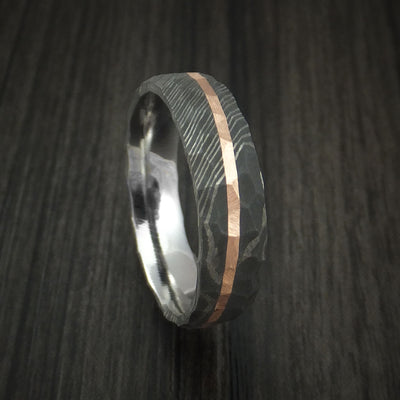 Damascus Steel Rock Hammered Ring with Angled 14k Rose Gold Inlay Custom Band