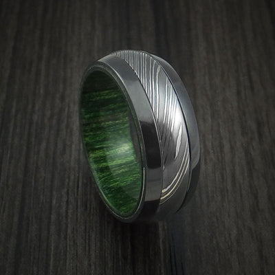 Black Zirconium and Damascus Steel Ring with Jade Wood Hardwood Interior Sleeve Custom Made