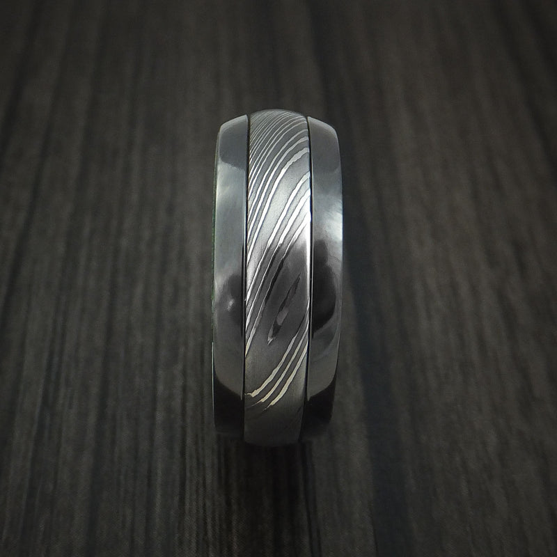 Black Zirconium and Damascus Steel Ring with Jade Wood Hardwood Interior Sleeve Custom Made