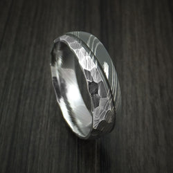Damascus Steel Ring with Hammer Rock Finish Two Tone Custom Band
