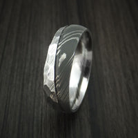 Damascus Steel Ring with Hammer Rock Finish Two Tone Custom Band
