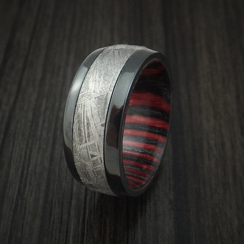 Black Titanium Men's Ring with Gibeon Meteorite and Applejack Wood Sleeve Custom Made Band
