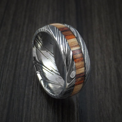 Kuro Damascus Steel Ring with Hazelnut Hardwood Inlay Custom Made Band