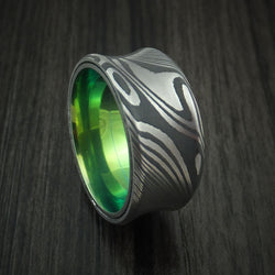 Damascus Steel Concave Ring with Green Anodized Titanium Sleeve Custom Made Band