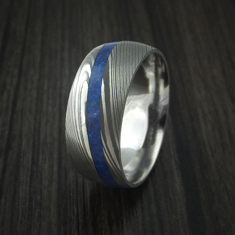 Damascus Steel Ring with Angled Lapis Inlay Custom Made Band