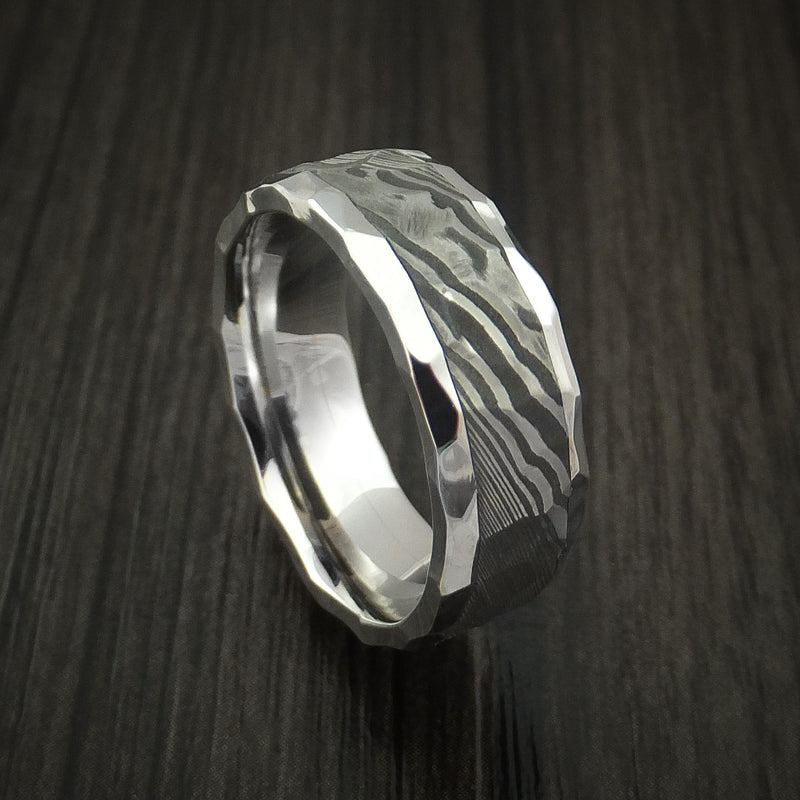 Cobalt Chrome and Damascus Steel Ring Custom Made Band with Rock Hammer Finish