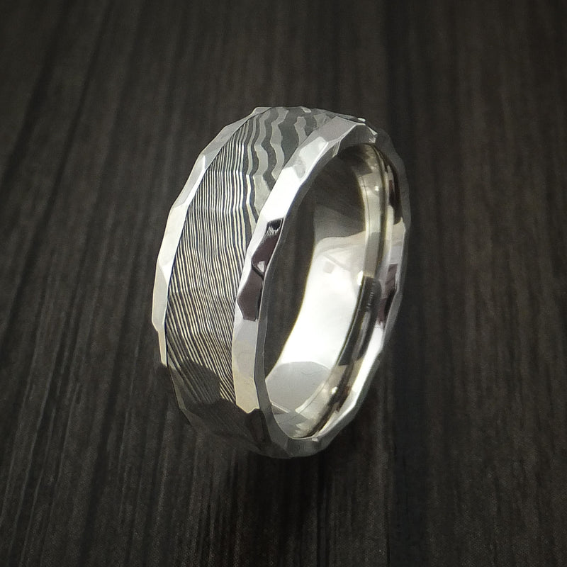 Cobalt Chrome and Damascus Steel Ring Custom Made Band with Rock Hammer Finish