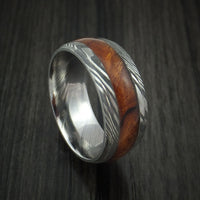 Damascus Steel Band with Desert Ironwood Burl Hardwood Inlay Custom Made Ring
