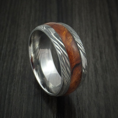 Damascus Steel Band with Desert Ironwood Burl Hardwood Inlay Custom Made Ring
