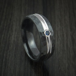 Black Zirconium Ring with Sapphire and Hammer Finish Custom Made Band