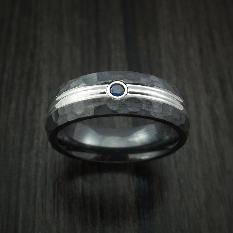 Black Zirconium Ring with Sapphire and Hammer Finish Custom Made Band