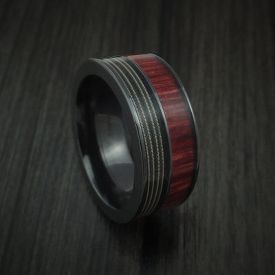 Black Zirconium Ring with Guitar String and Red Heart Wood Inlays Custom Made Band