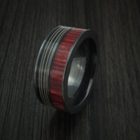 Black Titanium Ring with Guitar String and Red Heart Wood Inlays Custom Made Band