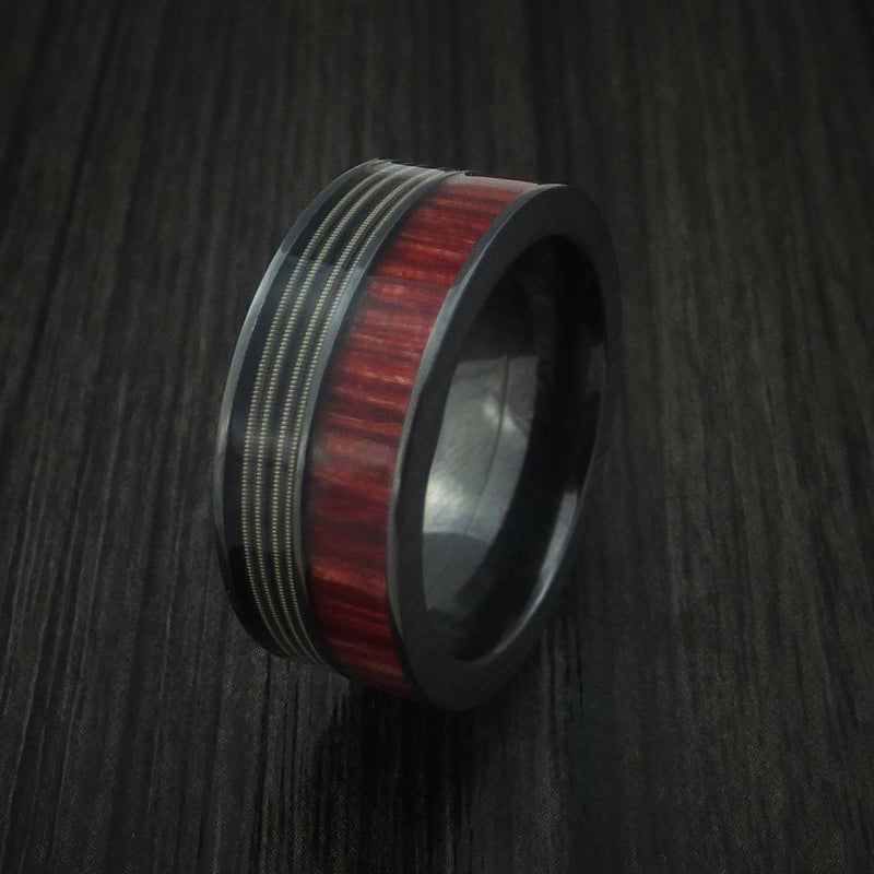Black Titanium Ring with Guitar String and Red Heart Wood Inlays Custom Made Band