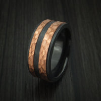 Black Titanium Men's Ring with Raised Hammered Copper Inlays Custom Made Band