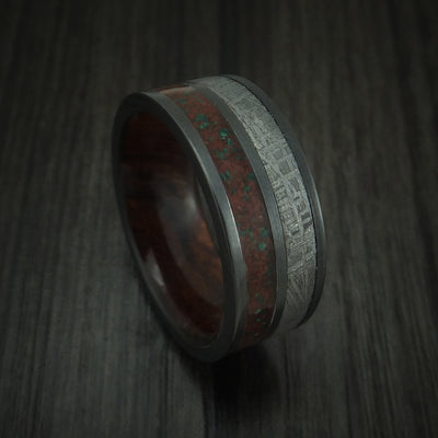 Black Zirconium Mixed Dinosaur Bone And Gibeon Meteorite Ring With Wood Sleeve Custom Made Fossil Band