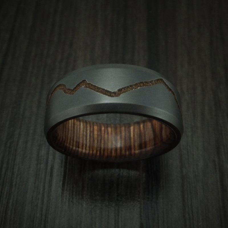 Black Titanium Ring with Custom Mountain Milling and Hardwood Interior Sleeve Custom Made