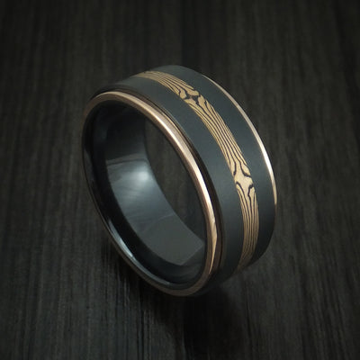 Black Zirconium and Mokume Ring with Gold Edges Custom Made Band