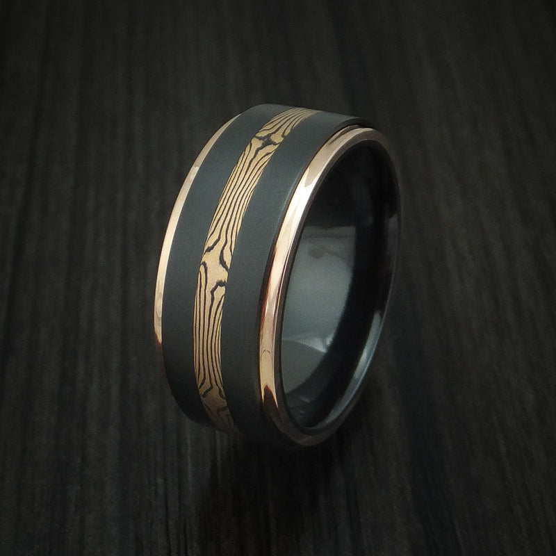 Black Titanium and Mokume Ring with Gold Edges Custom Made Band