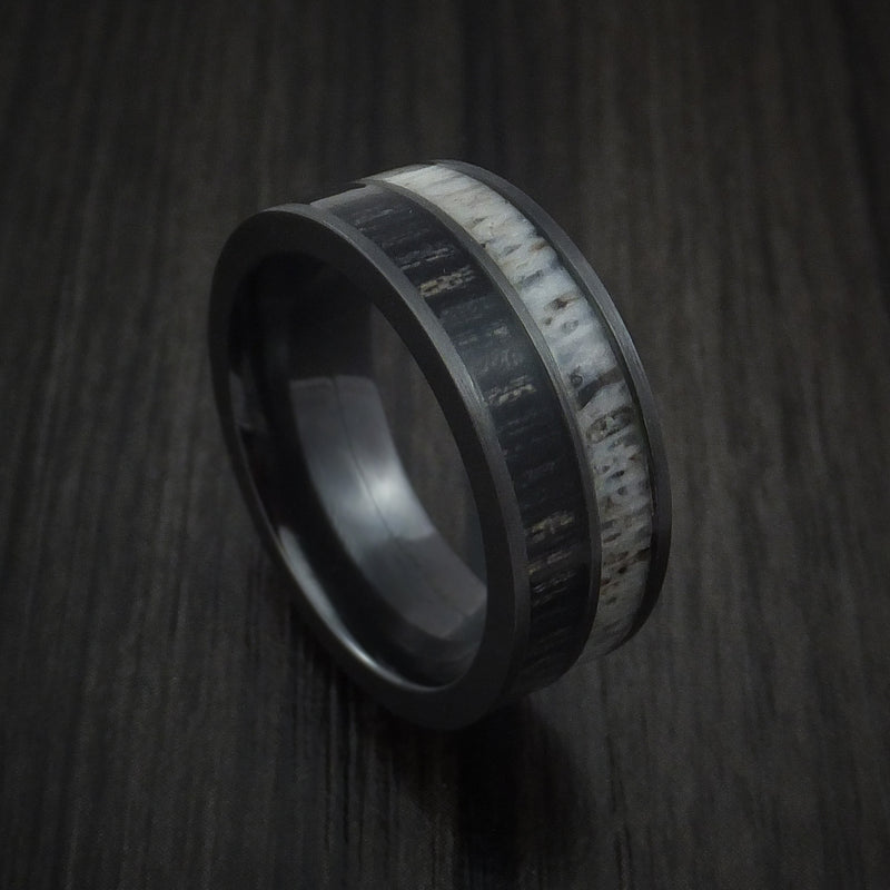 Black Zirconium with Charcoal Wood and Antler Ring Custom Made Band