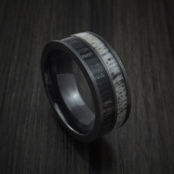 Black Titanium with Charcoal Wood and Antler Men's Ring Custom Made Band