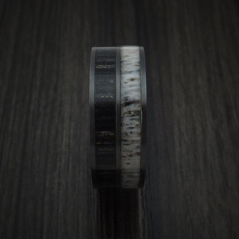 Black Zirconium with Charcoal Wood and Antler Ring Custom Made Band
