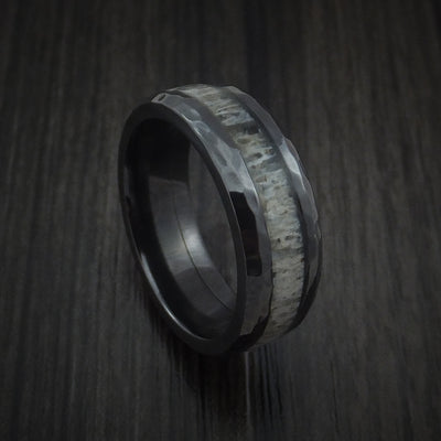 Black Zirconium and Antler Hammered Ring Custom Made Band
